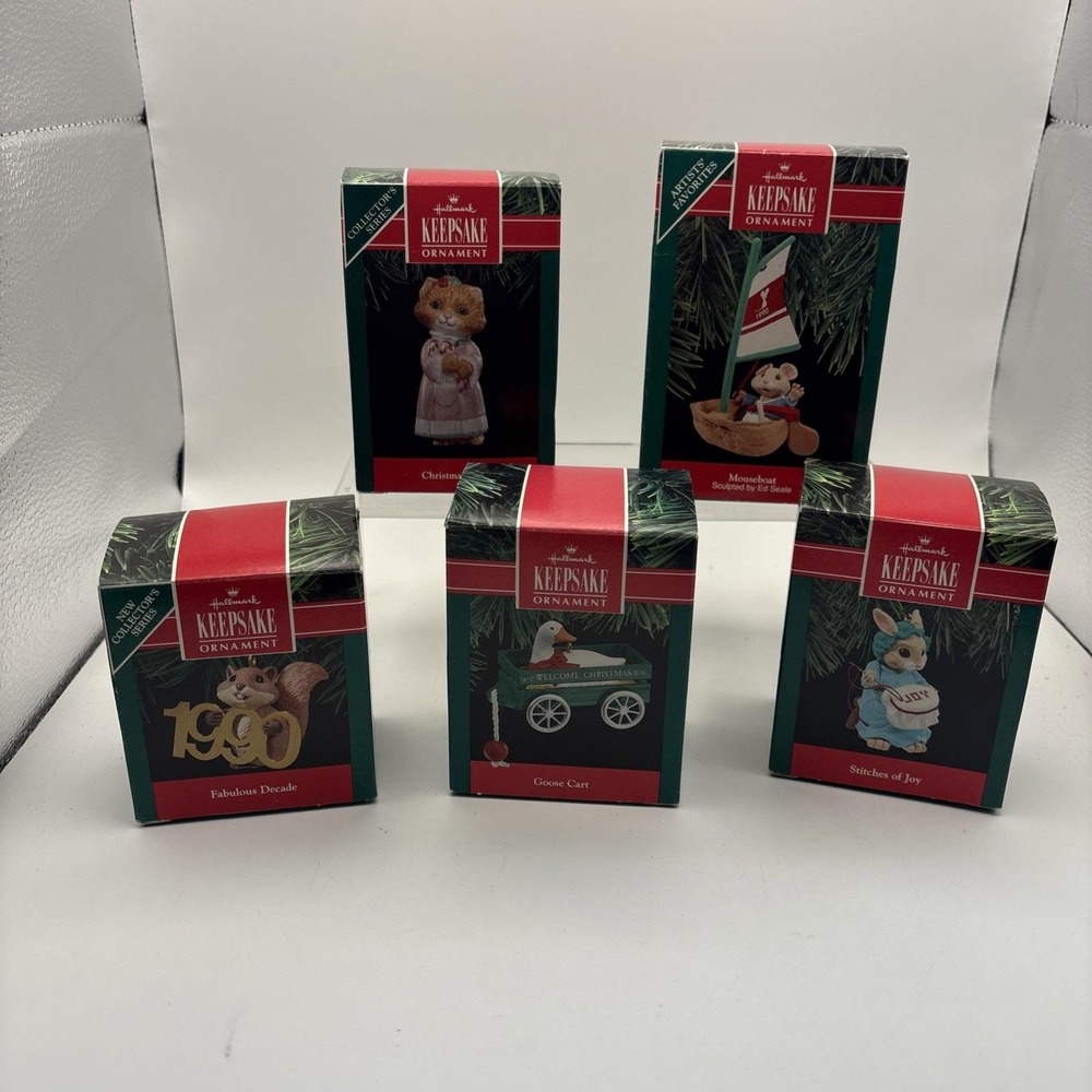 Lot of 5~Hallmark Ornaments~Kitty/Mouse/Goose/Stitches of Joy/Fab Decade